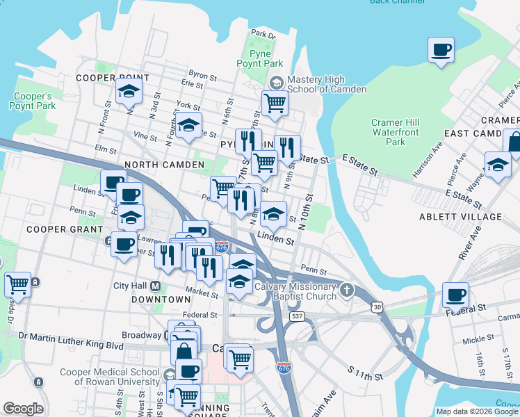 map of restaurants, bars, coffee shops, grocery stores, and more near 825 Birch Street in Camden