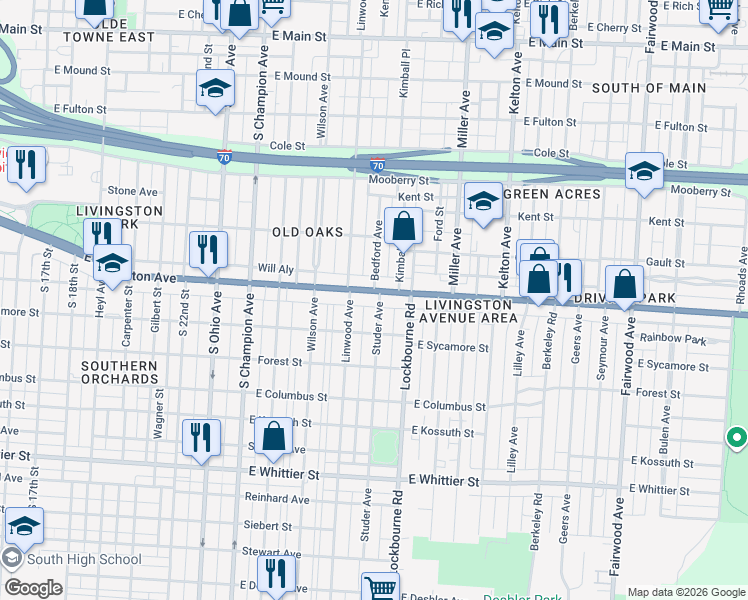 map of restaurants, bars, coffee shops, grocery stores, and more near 1226 East Livingston Avenue in Columbus