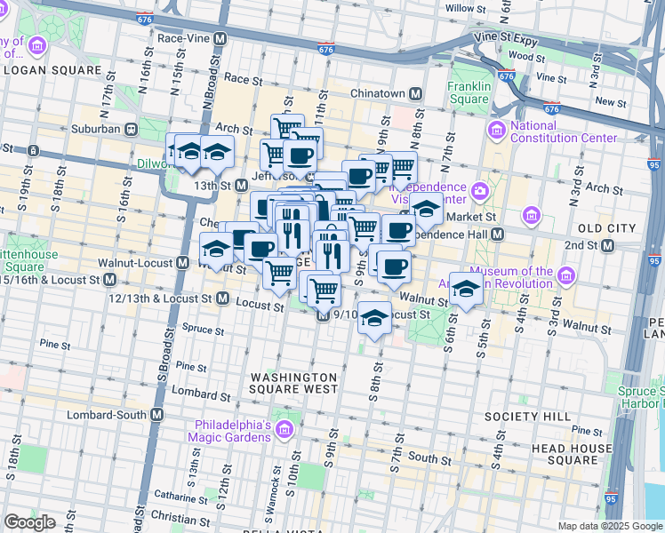 map of restaurants, bars, coffee shops, grocery stores, and more near in Philadelphia
