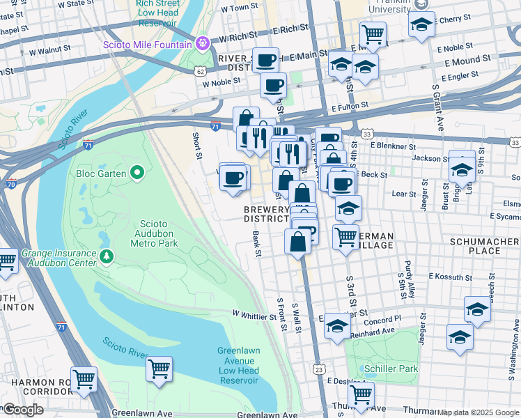 map of restaurants, bars, coffee shops, grocery stores, and more near in Columbus