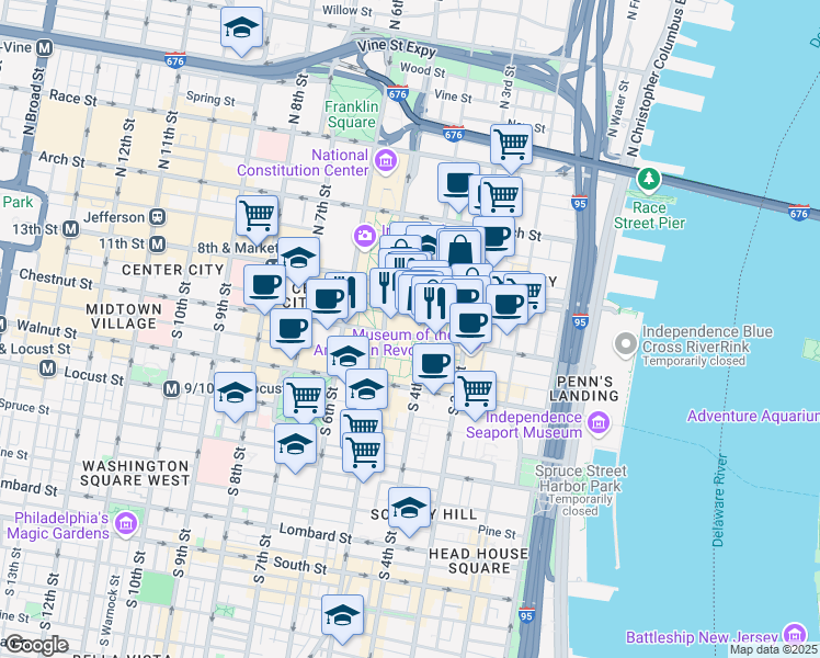map of restaurants, bars, coffee shops, grocery stores, and more near 421 Chestnut Street in Philadelphia