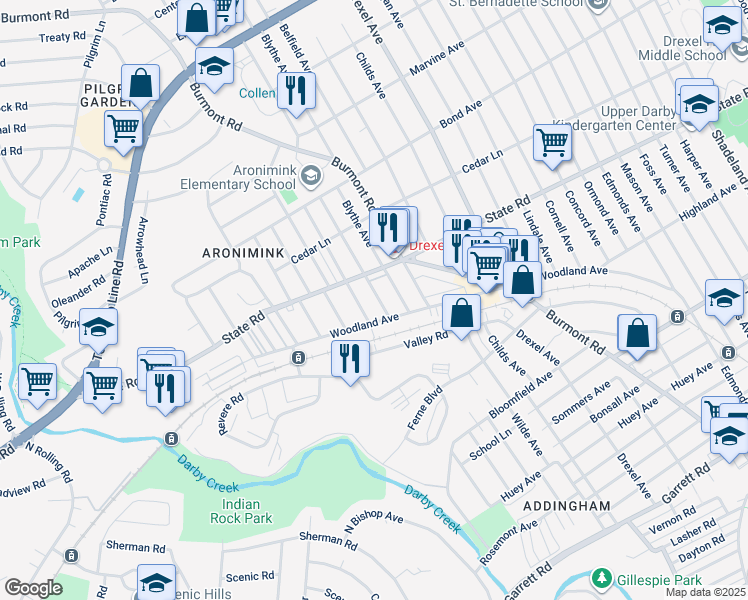 map of restaurants, bars, coffee shops, grocery stores, and more near 718 Alexander Avenue in Drexel Hill