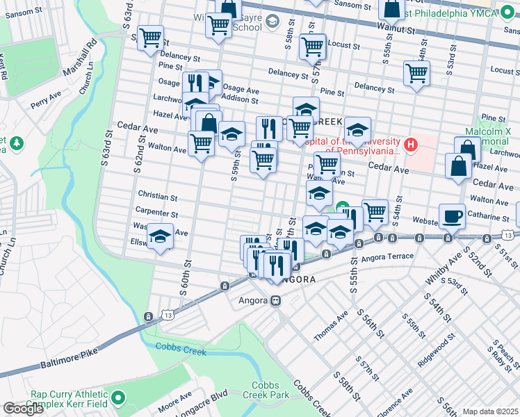 map of restaurants, bars, coffee shops, grocery stores, and more near 5820 Norfolk Street in Philadelphia