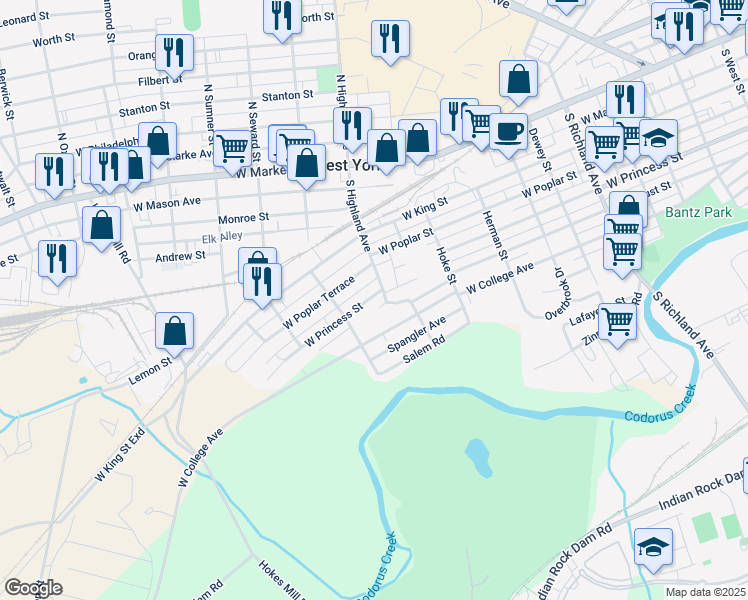 map of restaurants, bars, coffee shops, grocery stores, and more near 1406 West Princess Street in York