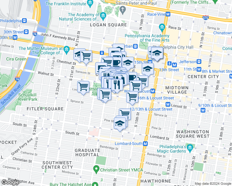 map of restaurants, bars, coffee shops, grocery stores, and more near 1705 Chancellor Street in Philadelphia