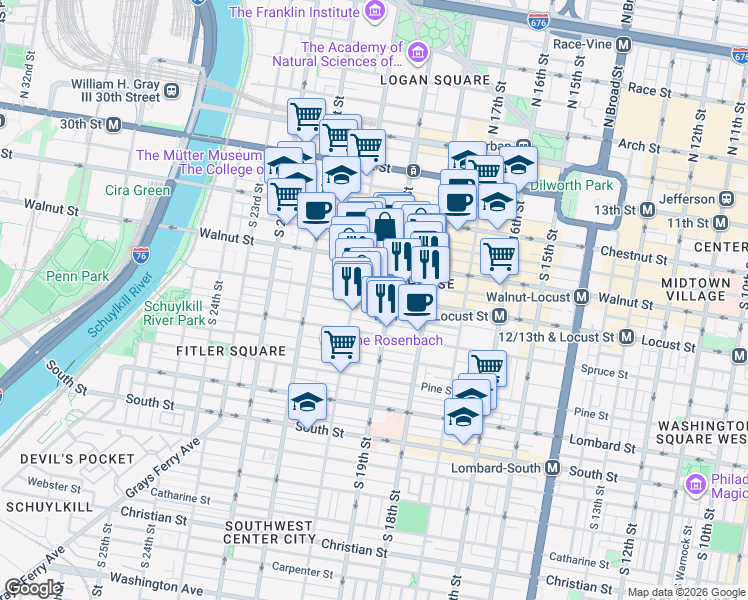 map of restaurants, bars, coffee shops, grocery stores, and more near in Philadelphia