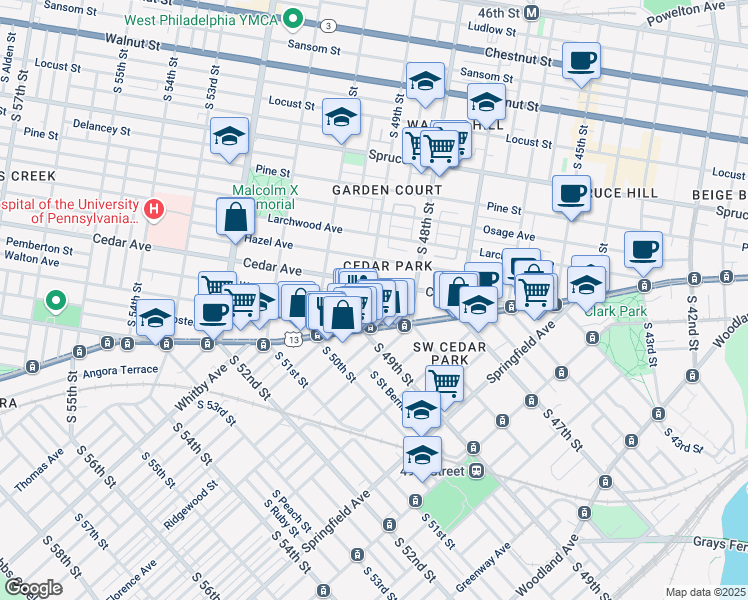 map of restaurants, bars, coffee shops, grocery stores, and more near 4841 Walton Avenue in Philadelphia