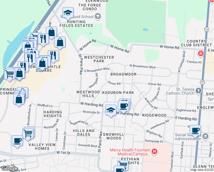 map of restaurants, bars, coffee shops, grocery stores, and more near 1936 Fairway Drive in Springfield