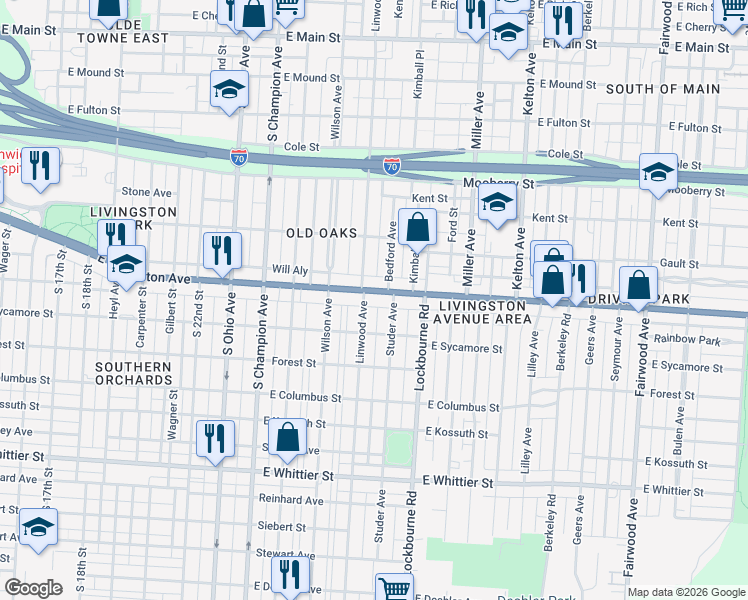 map of restaurants, bars, coffee shops, grocery stores, and more near 1226 East Livingston Avenue in Columbus