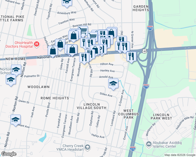 map of restaurants, bars, coffee shops, grocery stores, and more near 4736 Arnold Avenue in Columbus