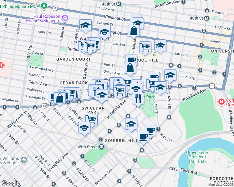 map of restaurants, bars, coffee shops, grocery stores, and more near in Philadelphia