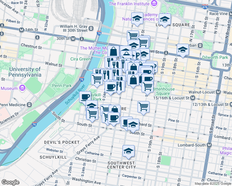 map of restaurants, bars, coffee shops, grocery stores, and more near 2216 Rittenhouse Square in Philadelphia