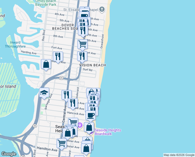 map of restaurants, bars, coffee shops, grocery stores, and more near 4 Colony Road in Seaside Heights