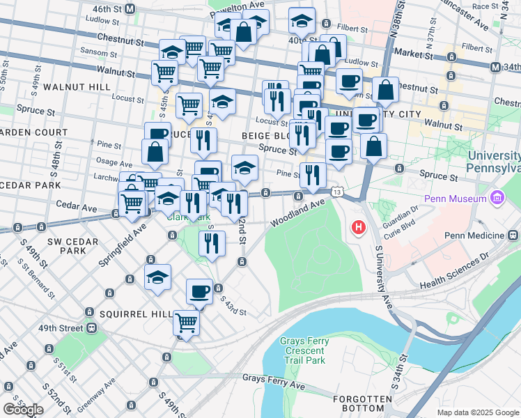 map of restaurants, bars, coffee shops, grocery stores, and more near 506 South 41st Street in Philadelphia