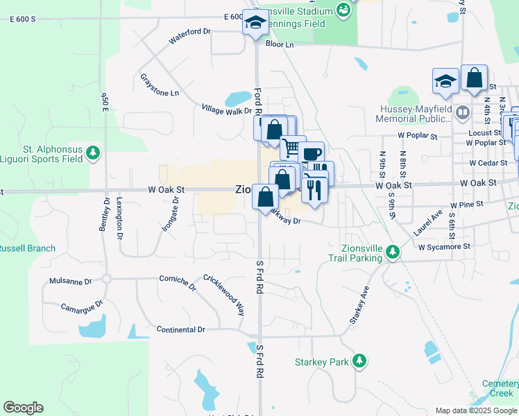 map of restaurants, bars, coffee shops, grocery stores, and more near 954 Parkway Drive in Zionsville