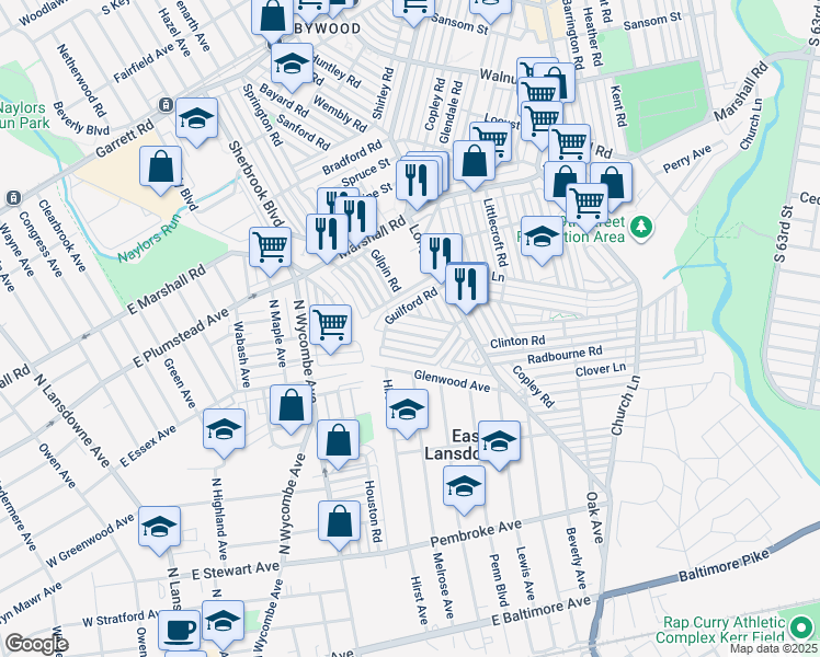map of restaurants, bars, coffee shops, grocery stores, and more near 7259 Glenthorne Road in Upper Darby