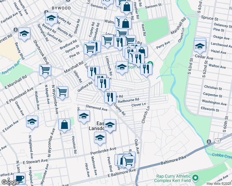 map of restaurants, bars, coffee shops, grocery stores, and more near 7058 Aberdeen Road in Upper Darby