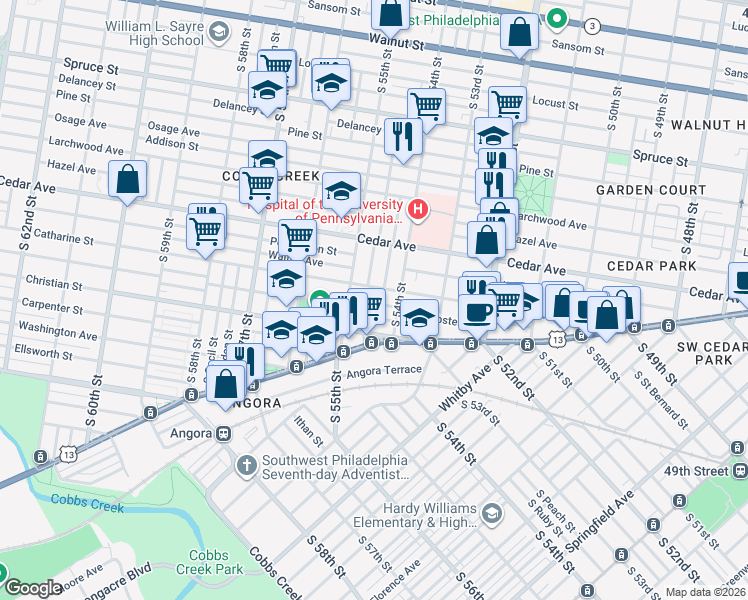map of restaurants, bars, coffee shops, grocery stores, and more near 5448 Catharine Street in Philadelphia
