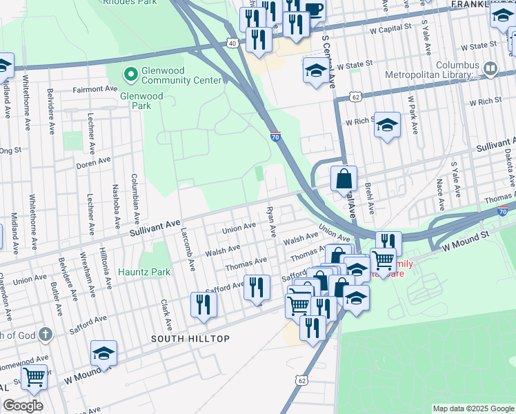 map of restaurants, bars, coffee shops, grocery stores, and more near in Columbus