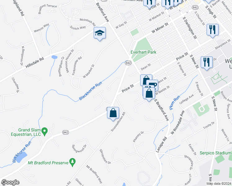 map of restaurants, bars, coffee shops, grocery stores, and more near 747 West Miner Street in West Chester