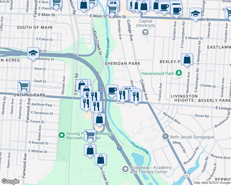 map of restaurants, bars, coffee shops, grocery stores, and more near 909 Mayfield Place in Bexley