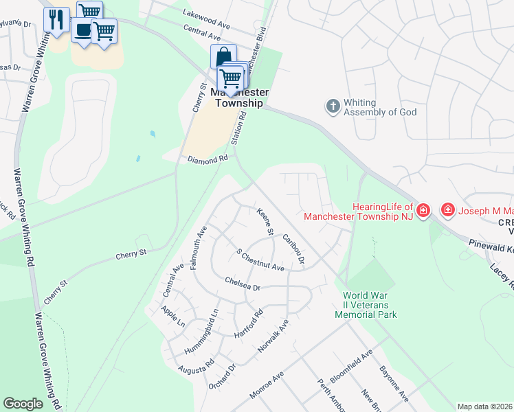 map of restaurants, bars, coffee shops, grocery stores, and more near 46 Keene Street in Manchester Township