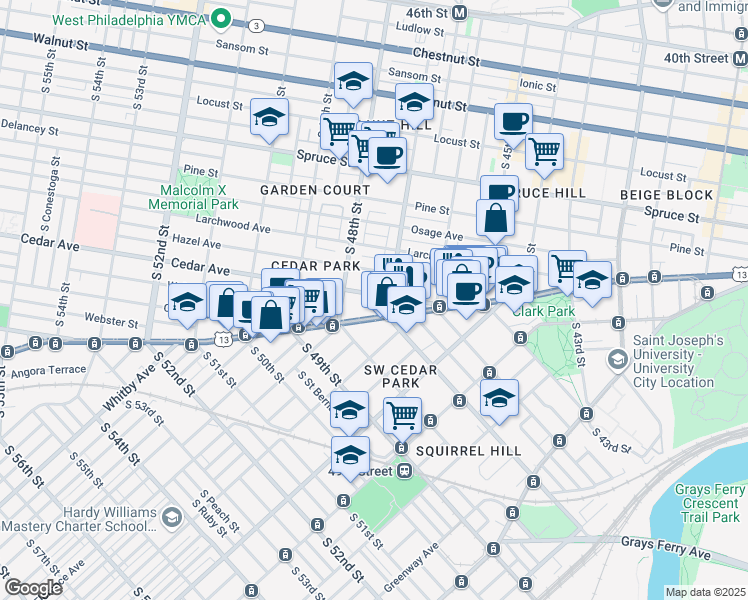 map of restaurants, bars, coffee shops, grocery stores, and more near 4712 Cedar Avenue in Philadelphia