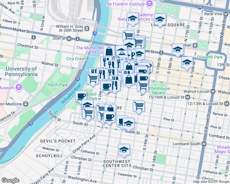 map of restaurants, bars, coffee shops, grocery stores, and more near 244 South 22nd Street in Philadelphia