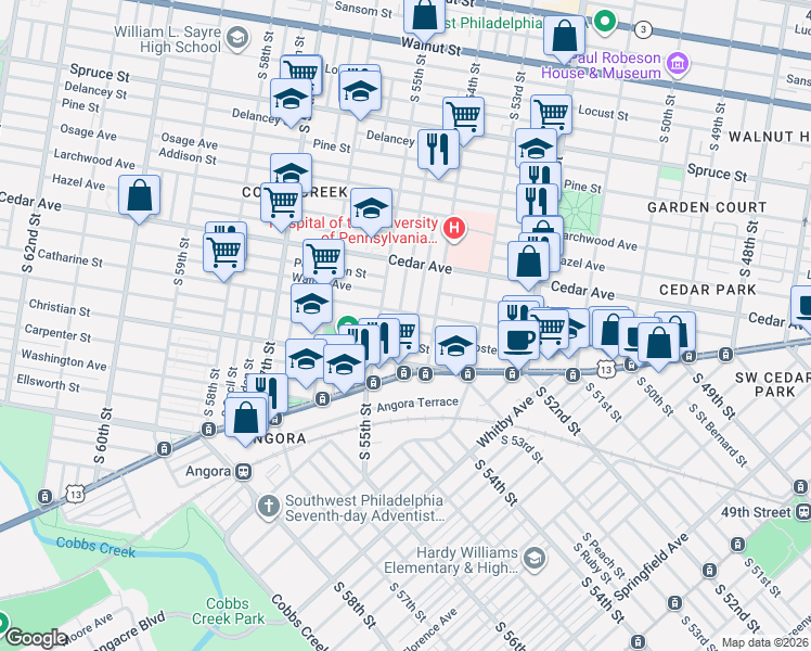 map of restaurants, bars, coffee shops, grocery stores, and more near 5448 Catharine Street in Philadelphia