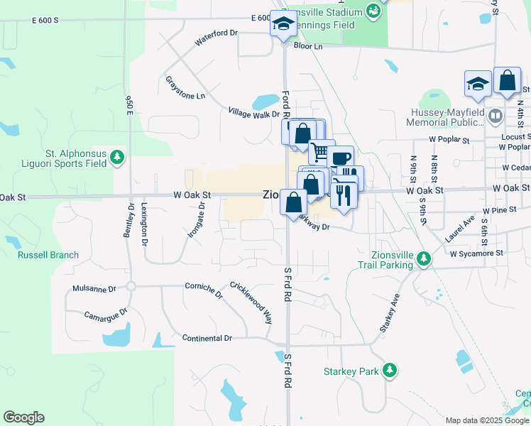 map of restaurants, bars, coffee shops, grocery stores, and more near 1455 West Oak Street in Zionsville