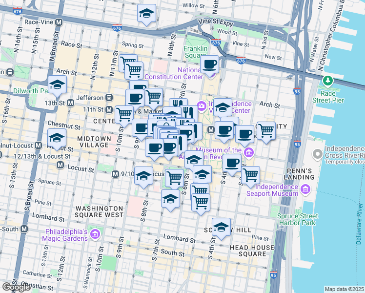 map of restaurants, bars, coffee shops, grocery stores, and more near 620 Chestnut Street in Philadelphia