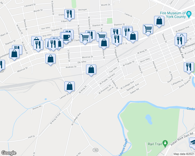 map of restaurants, bars, coffee shops, grocery stores, and more near 1576 West King Street in York