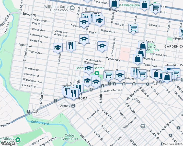 map of restaurants, bars, coffee shops, grocery stores, and more near 5600 Webster Street in Philadelphia