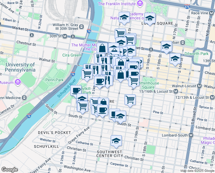 map of restaurants, bars, coffee shops, grocery stores, and more near 244 South 22nd Street in Philadelphia