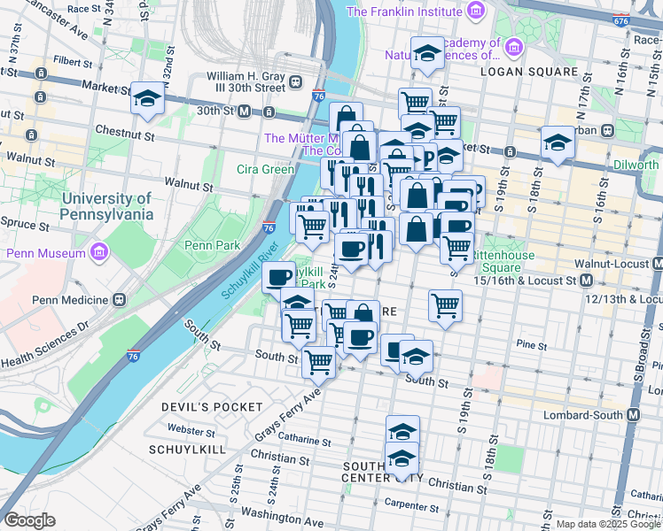 map of restaurants, bars, coffee shops, grocery stores, and more near 2402 Manning Street in Philadelphia