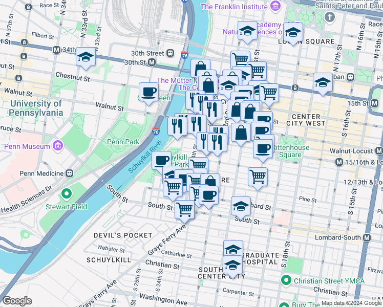 map of restaurants, bars, coffee shops, grocery stores, and more near 2402 Manning Street in Philadelphia