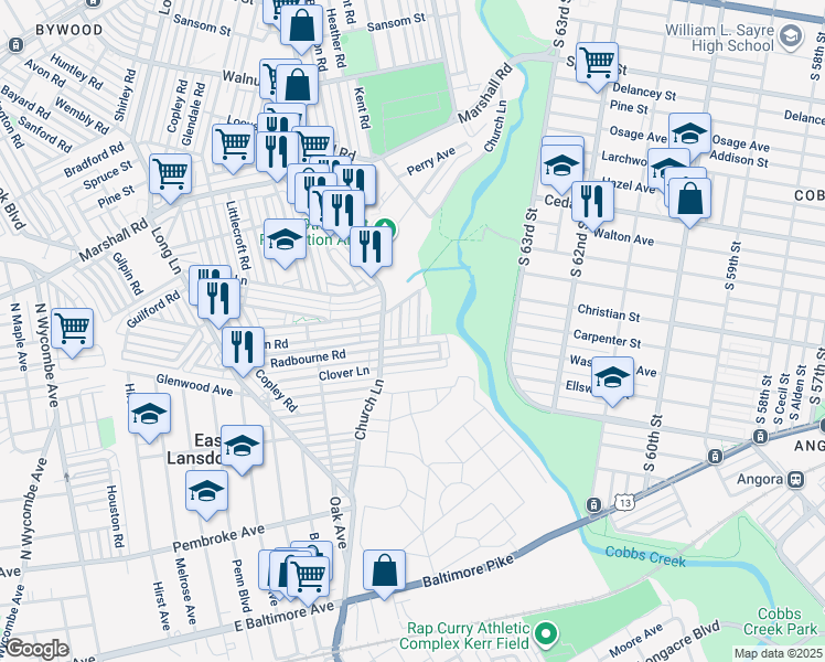 map of restaurants, bars, coffee shops, grocery stores, and more near 642 Briarcliff Road in Delaware County