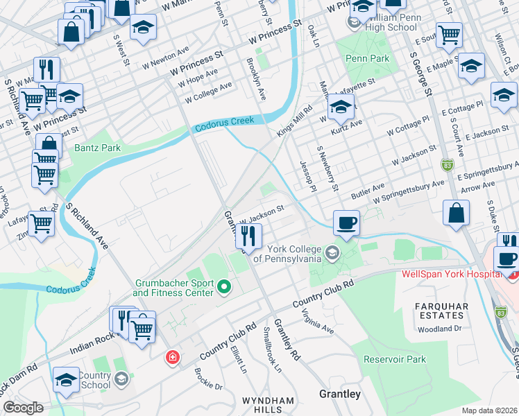 map of restaurants, bars, coffee shops, grocery stores, and more near 401 West Jackson Street in York