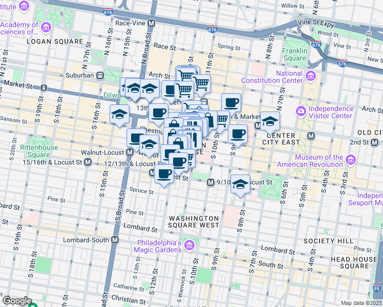 map of restaurants, bars, coffee shops, grocery stores, and more near 130 South 11th Street in Philadelphia