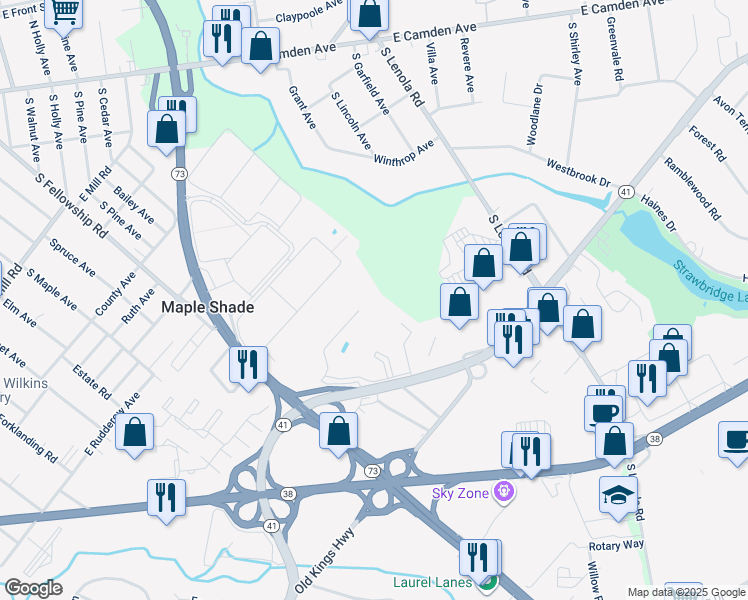 map of restaurants, bars, coffee shops, grocery stores, and more near 115 East Kings Highway in Maple Shade