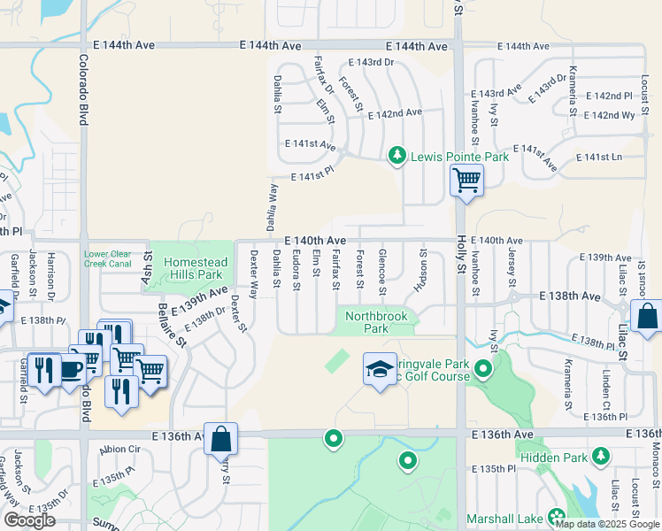 map of restaurants, bars, coffee shops, grocery stores, and more near 13964 Fairfax Street in Thornton