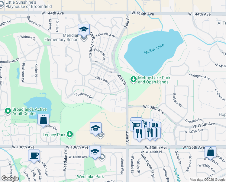 map of restaurants, bars, coffee shops, grocery stores, and more near 13944 Sky Cove Drive in Broomfield