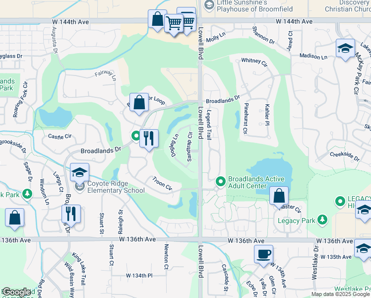 map of restaurants, bars, coffee shops, grocery stores, and more near 13930 Dogleg Lane in Broomfield