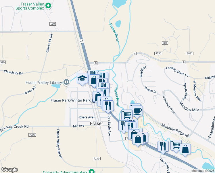 map of restaurants, bars, coffee shops, grocery stores, and more near 360 Park Avenue in Granby