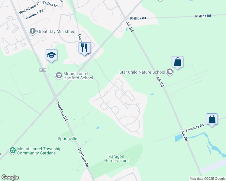 map of restaurants, bars, coffee shops, grocery stores, and more near 2403A Shurlock Court in Mount Laurel Township