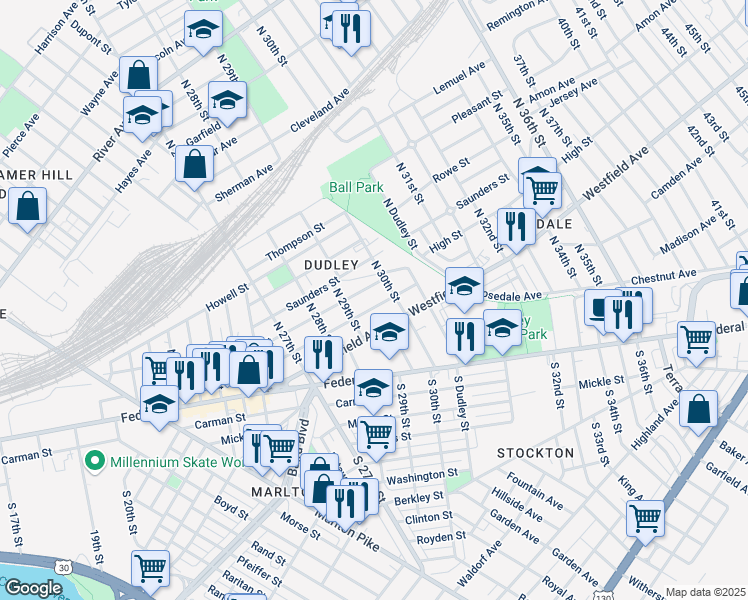 map of restaurants, bars, coffee shops, grocery stores, and more near 2936 High Street in Camden