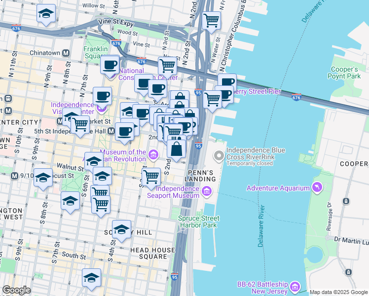 map of restaurants, bars, coffee shops, grocery stores, and more near 4 South Front Street in Philadelphia