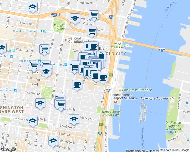 map of restaurants, bars, coffee shops, grocery stores, and more near in Philadelphia