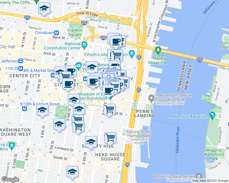map of restaurants, bars, coffee shops, grocery stores, and more near in Philadelphia