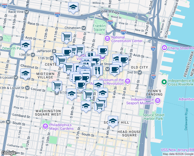 map of restaurants, bars, coffee shops, grocery stores, and more near 615 Chestnut Street in Philadelphia